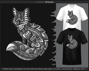 Monochrome fox mandala arts isolated on black and white t shirt.