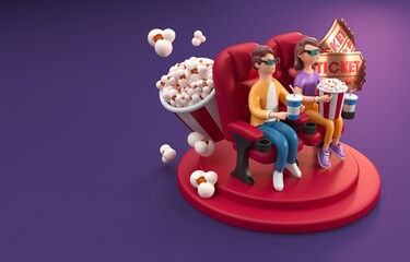 Naklejka premium Couple Watching a 3D Movie. 3D Illustration