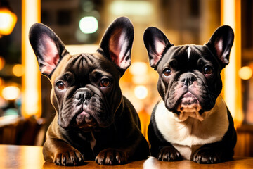 Digital photo of a cute French bulldog inside in a street cafe on the Paris nigth street. Generative AI