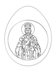 Image of Saint (Name English Basil of Ostrog). Easter egg in vintage style. Religious illustration to color black and white