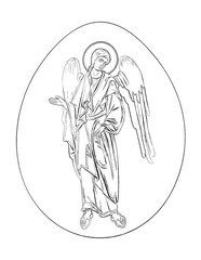 Easter egg with guardian angel in vintage style. Religious illustration to color black and white