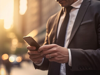 Close up of a man using mobile smart phone