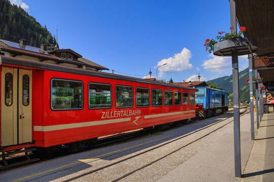 The Train Zillertalbahn (Zillertal Railway) at the station in Mayrhofen, Tyrol &ndash; Austria, June 7 2023