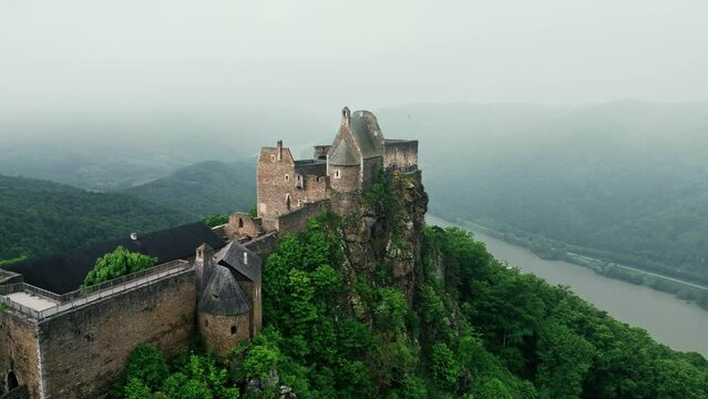Aerial view of Aggstein Castle - Austria Aggstein sits high above the Danube, with a fantastic view of the World Cultural Heritage site of Wachau.