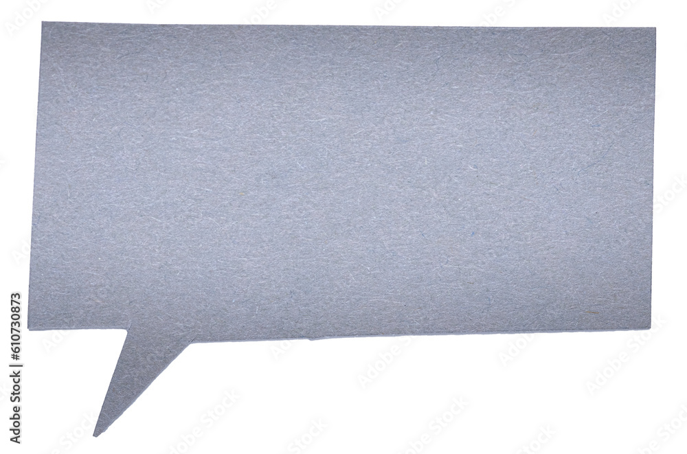Aufkleber gray blank cut out paper cardboard speech bubble of rectangular shape with copy space for text on tr