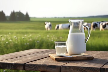 Refreshing Dairy Delight. Fresh Milk in a Jug and glass on a Wooden Table	
