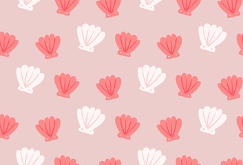 Seashells pattern, simple cute pink shells. Summer vector background