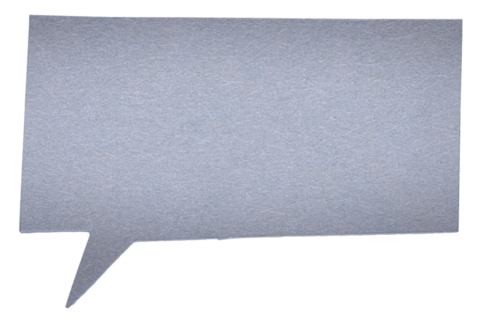 Gray blank cut out paper cardboard speech bubble of rectangular shape with copy space for text on transparent or white background
