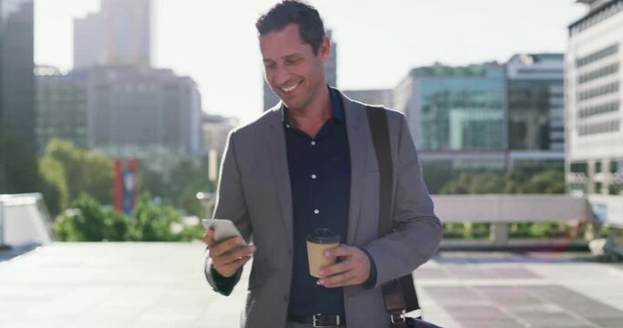 Cellphone, city and professional man walking, laugh or reading funny message, online meme or travel blog. Comedy, morning commute and portrait person laughing at social media joke, humor or web comic