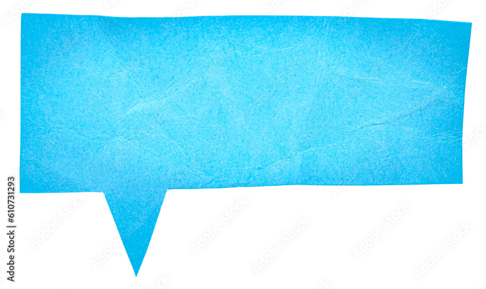 Aufkleber blue blank cut out paper cardboard speech bubble of rectangular shape with copy space for text on tr