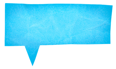 Blue blank cut out paper cardboard speech bubble of rectangular shape with copy space for text on transparent or white background

