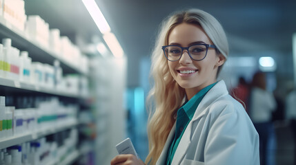 Portrait of a dedicated female pharmacist taking a medicine from the shelf, while wearing eyeglasses and lab coat during work in a modern drugstore with various pharmaceutical products
