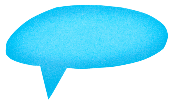 Blue blank cut out paper cardboard speech bubble of elliptical round shape with copy space for text on transparent or white background
