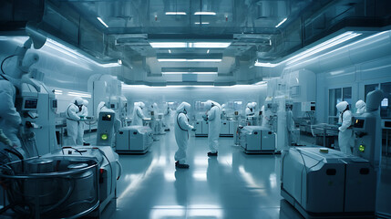 Group of people in protective suits in a modern pharmaceutical laboratory.Created with Generative AI technology.