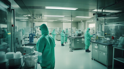 Obraz premium Group of people in protective suits in a modern pharmaceutical laboratory.Created with Generative AI technology.