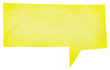 Yellow blank cut out paper cardboard speech bubble of rectangular shape with copy space for text on transparent or white background
