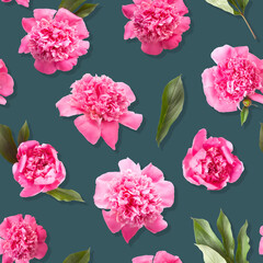 Fototapeta na wymiar Seamless pattern of pink peony flowers on navy blue color background