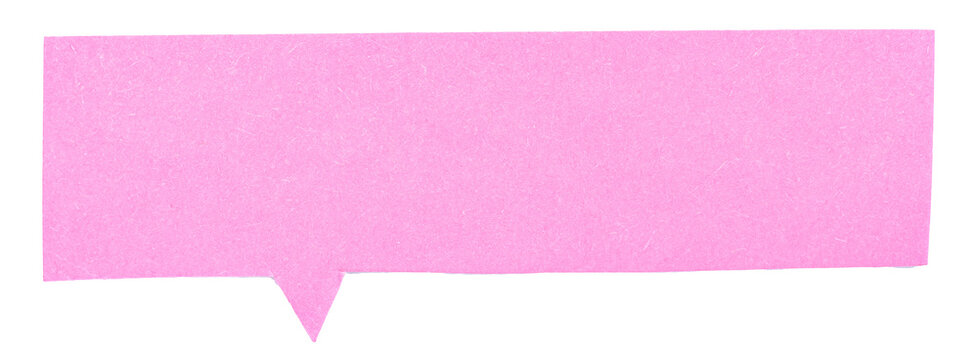 Pink blank cut out paper cardboard speech bubble of rectangular shape with copy space for text on transparent or white background
