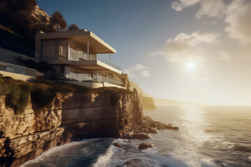 Generative AI illustration of Luxury house facing the sea with glass terraces and recycled materials