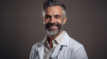 Fototapeta premium Smiling middle-aged doctor standing in a medical uniform against a gray wall.Created with Generative AI technology.