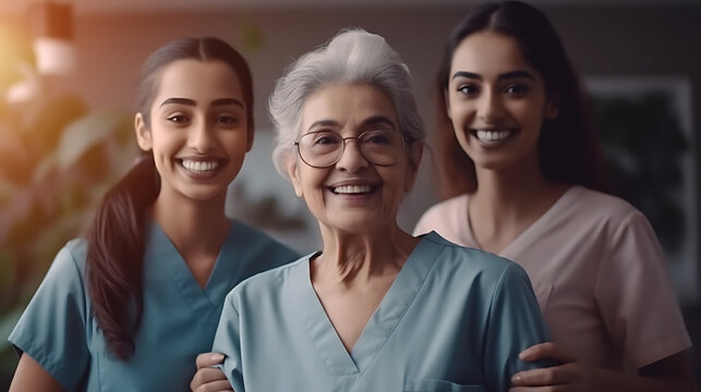 Portrait of a elderly woman surrounded by nurses..Created with Generative AI technology.