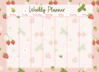 Weekly planner decorated with strawberry. Cute bright scheduler and organizer with Summer plants. Modern stationery. Vector illustration.