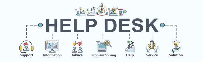 Help desk banner web icon for organization, support, information, advice, problem solving, help, service and solutions. Minimal vector flat infographic.