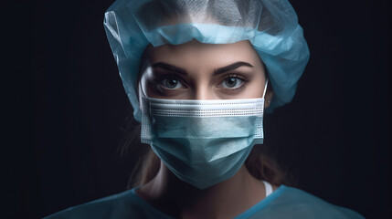 Close-up portrait of a female nurse against the black background.?reated with Generative AI technology.