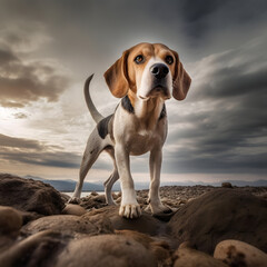 Unleash the captivating allure of a Beagle on rocky terrain, framed by dramatic clouds. Experience the power and emotion of this striking portraiture, perfect for adding depth to your creative project
