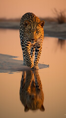 Reflective elegance: Leopard in South Africa, its beauty mirrored in water. Experience the captivating hues of light pink and dark gold in this stunning image.