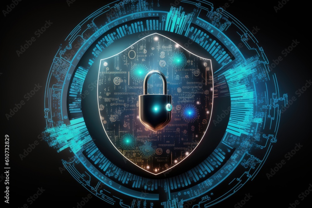 Poster cyber security concept. shield with padlock on dark background