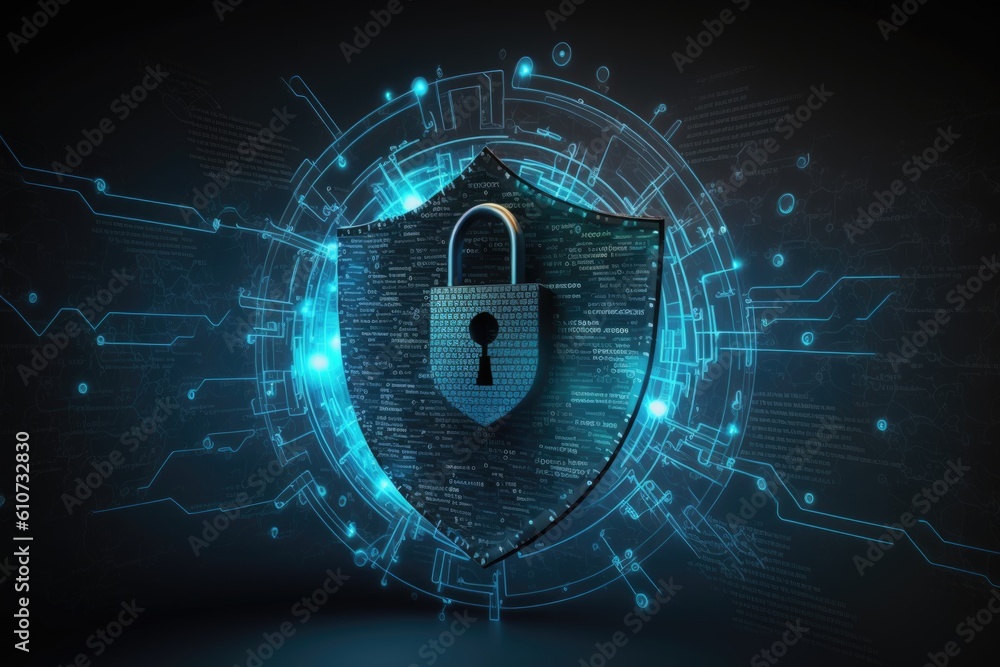Poster cyber security concept. shield with padlock on digital background