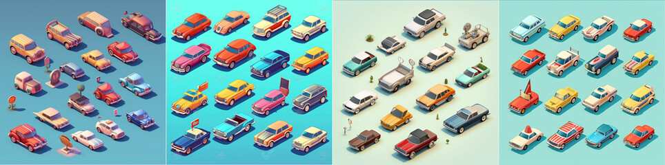 Isometric style with cartoon design. Various types of American cars are presented. Ideal for use in automotive design and projects
