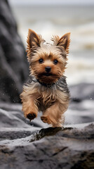 Feel the joyful energy as a cute Yorkie bounds towards the camera against the backdrop of a picturesque beach. Experience the playful spirit in this captivating moment.