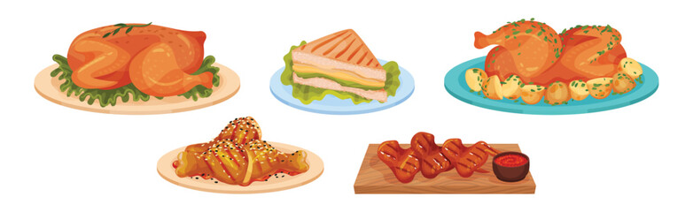 Meat Dish and Food Served on Plate Vector Set