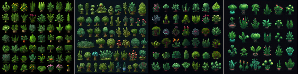 Intricate pixel art design with entheogenic plants Dark green color scheme for a unique and eye-catching aesthetic RPG style icons are ideal for use in games or other digital media projects. - obrazy, fototapety, plakaty
