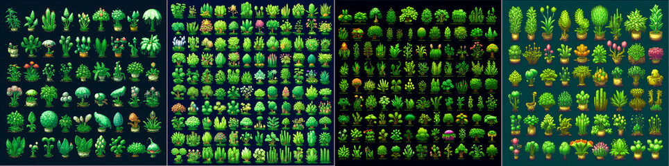 Intricate pixel art design with entheogenic plants Dark green color scheme for a unique and eye-catching aesthetic RPG style icons are ideal for use in games or other digital media projects. - obrazy, fototapety, plakaty