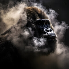 Enter the mystical realm where a majestic gorilla captivates, surrounded by an ethereal veil of smoke. Experience the enigmatic beauty of this captivating wildlife portrait.