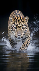 A jaguar gracefully glides across the water, eyes wide open, against a captivating black backdrop. Experience the awe-inspiring agility and intensity of this incredible moment.