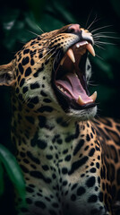 A roaring jaguar commands attention against a backdrop of lush green foliage. Feel the raw power and untamed presence of this captivating creature.