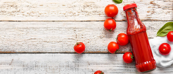 Bottle of ketchup and tomatoes on light wooden background with space for text