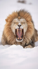 Roaring Majesty: A lion exudes power and majesty amidst a snowy landscape. Feel the raw intensity and awe-inspiring presence in this captivating image.