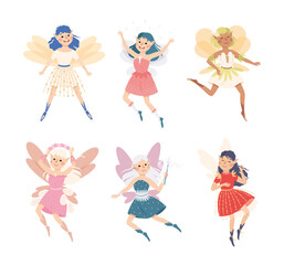 Cute Girl Fairy Flying with Wings and Magic Wand Vector Illustration Set