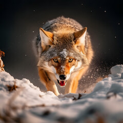 A coyote gracefully treads through a snowy trail on a dark winter night. Experience the mesmerizing beauty of this captivating wildlife scene.