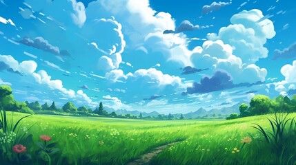 Obraz premium a canvas image of a grass field with clouds. Generative AI.