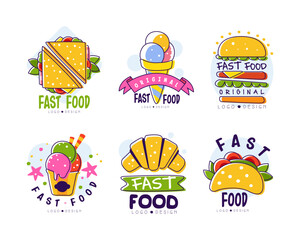 Fast Food Logo Design with Hamburger, Sandwich and Ice Cream Vector Set
