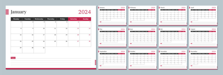 2024 calendar template. Corporate and business planner diary. The week starts on Monday. Set of 12 months 2024 pages.