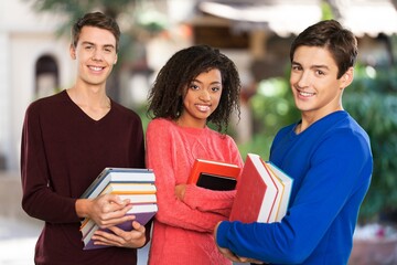 Students, couple or friends together in campus
