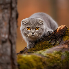 A graceful gray cat perches atop a tree in the mystical forest. Experience the tranquil beauty of this captivating feline moment.
