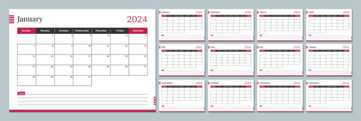 2024 calendar template. Corporate and business planner diary. The week starts on Sunday. Set of 12 months 2024 pages.